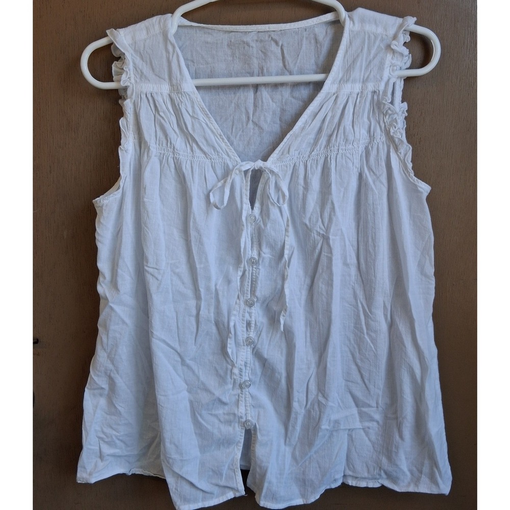 White 100% Cotton Sleeveless Blouse Button/Tie Front Large Beach Dainty  GUC